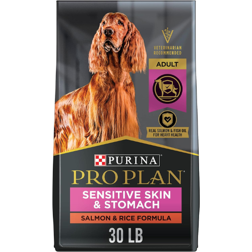 "Purina Pro Plan alimento para perros con fórmula de salmón y arroz integral, diseñado para la nutrición avanzada y la salud digestiva de perros con sensibilidad de piel y estómago. Bolsa de 30 libras con ingredientes de alta calidad y carne real como primer ingrediente"